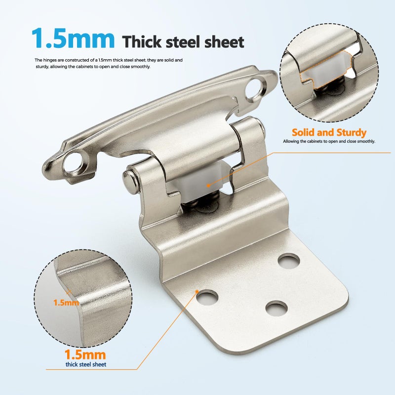 Ravinte Hardware 20 Pack (10 Pairs) 3/8 Inch Insert Kitchen Cabinet Hinges, Satin Nickel Self Closing Hinges for Kitchen Cabinet Doors, Semi-Concealed Cupboard Hardware, Face Mount Hardware, Silver - Image 4